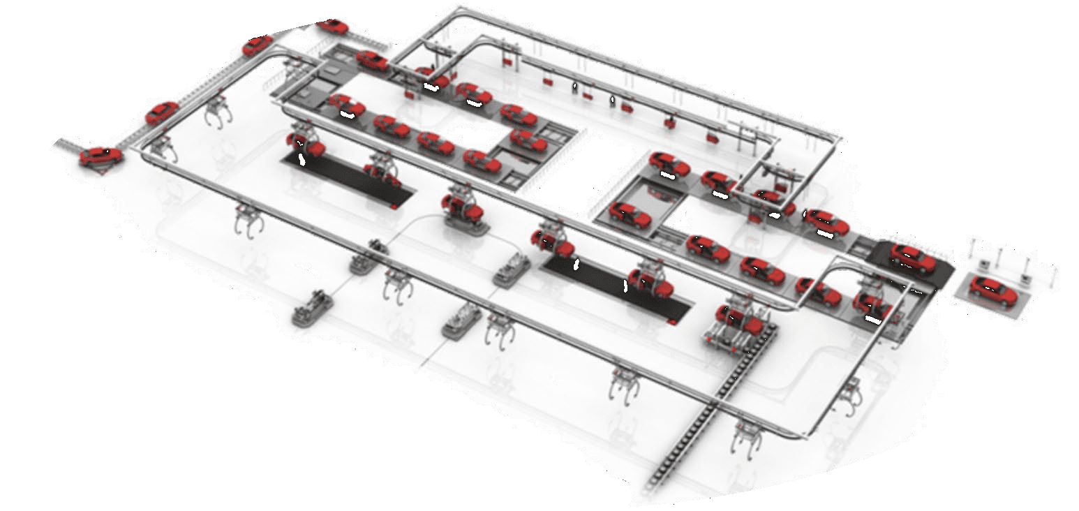 Simulazione CAD di una linea di montaggio automotive con trasporti aerei